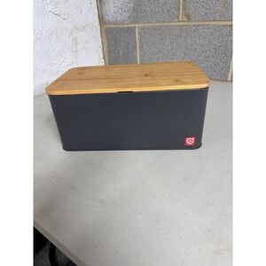 Alessi Mattina Dark Gray Metal Bread Box with Bamboo Lid Kitchen Storage
